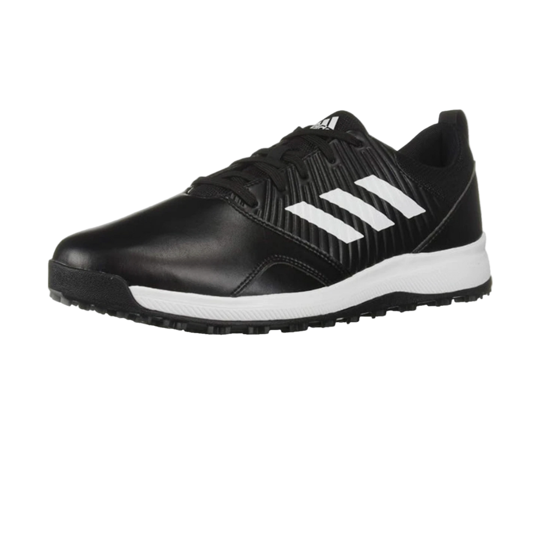 Black Adidas sneaker with white stripes on a white background