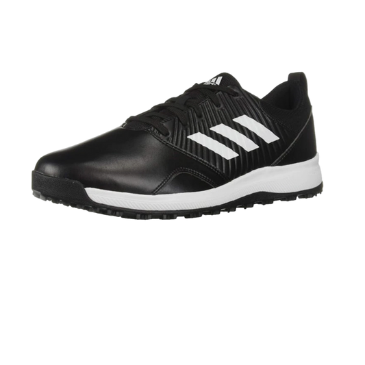 Black Adidas sneaker with white stripes on a white background